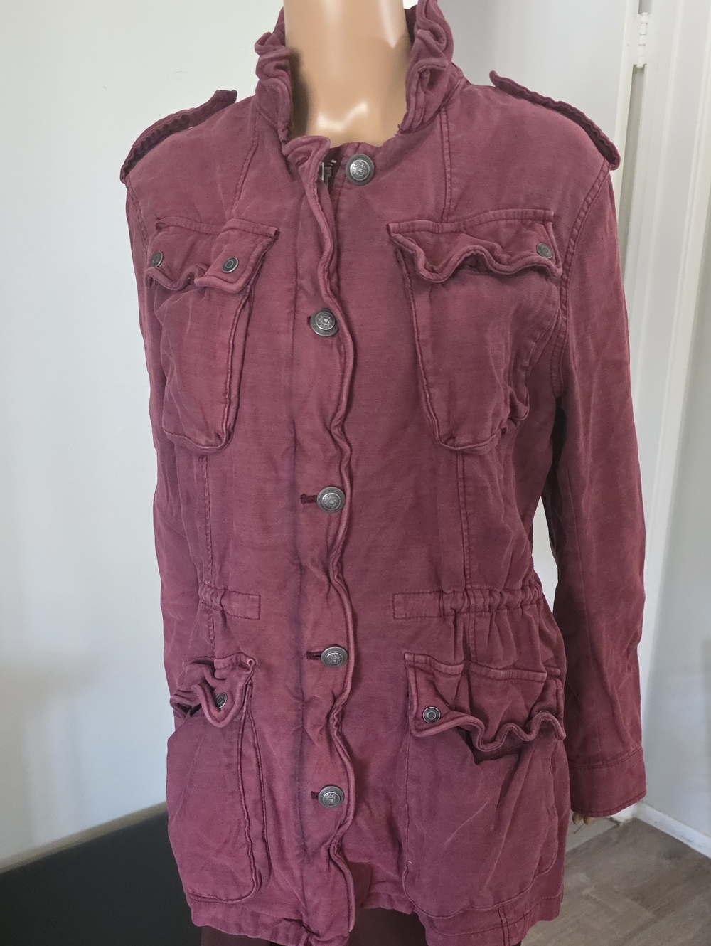 Free People Burgundy Ruffle-Trim Utility Jacket